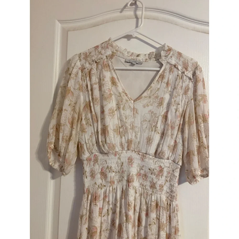 Keren Hart Floral Midi Dress Womens Medium Cream Pink‎ Smocked Waist Puff Sleeve